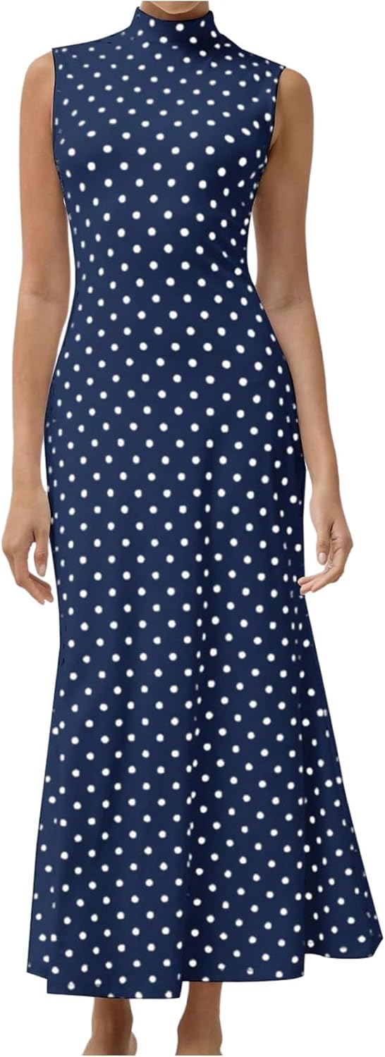 Milumia Women's Polka Dots Maxi Tank Dress Vintage Mock Neck Long Dresses