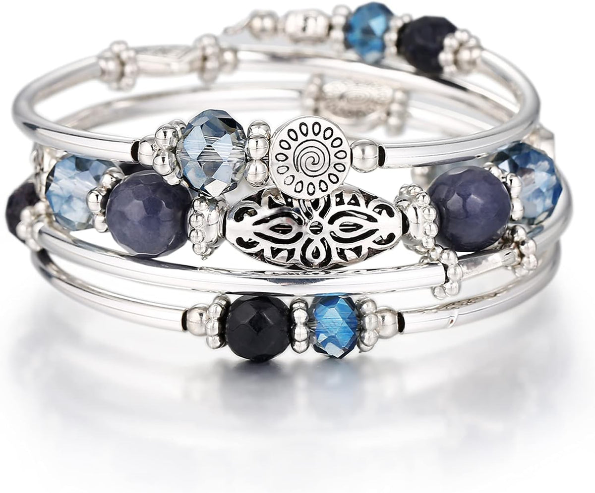 Stackable Beaded Bracelets for Women Boho Wrap Silver Bracelet Layered Fashion Jewelry Gifts for Her