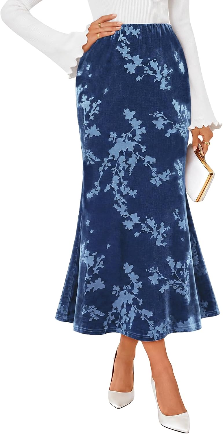 MEROKEETY Women's Fall Floral Velvet Maxi Skirt