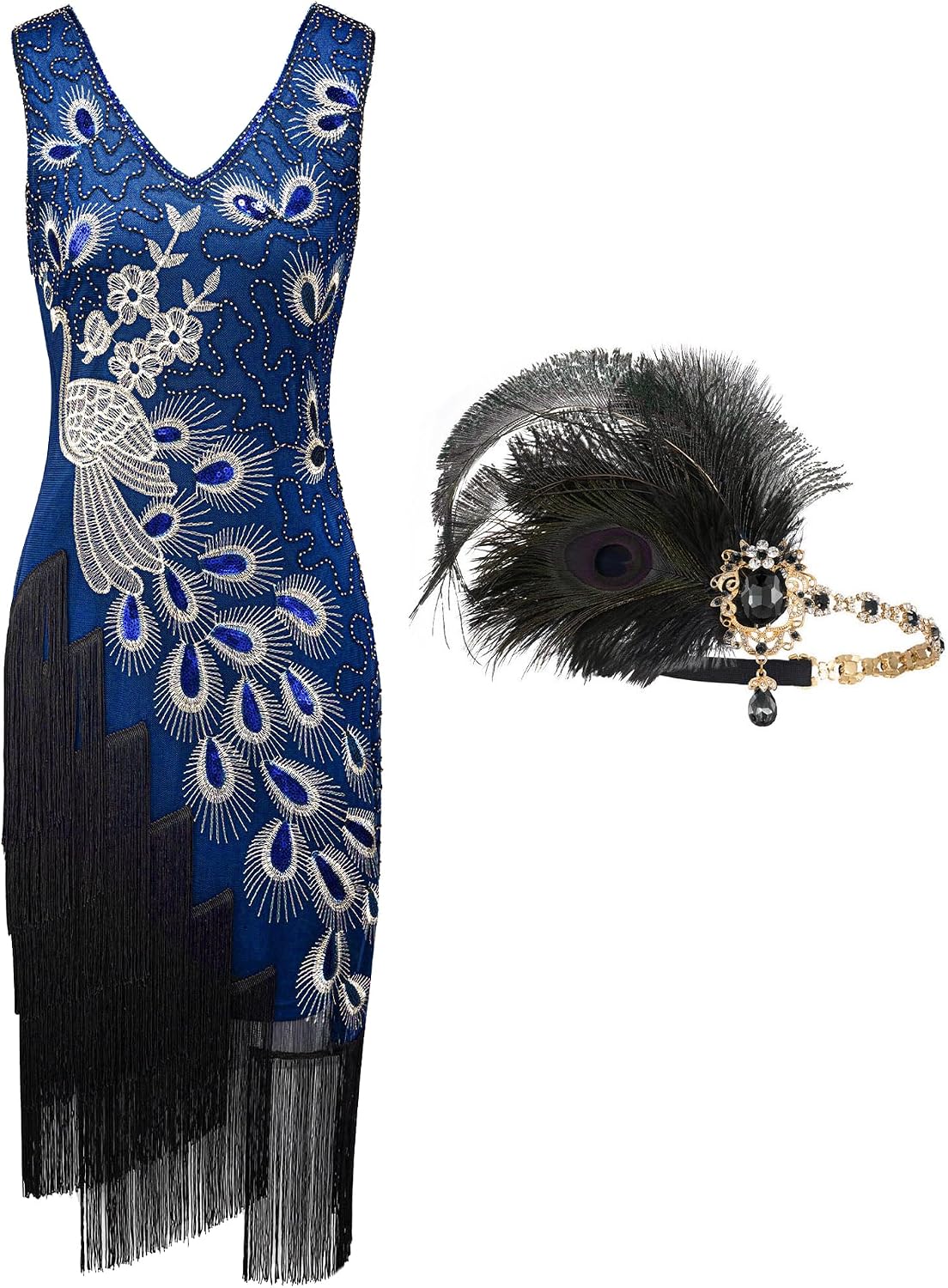 YESSA 1920s Peacock Dresses for Women,Flapper Gatsby Dress with Headband Secondary image