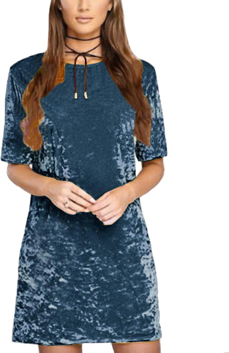 R.Vivimos Women's Crushed Velvet Short Sleeve Mini Dress