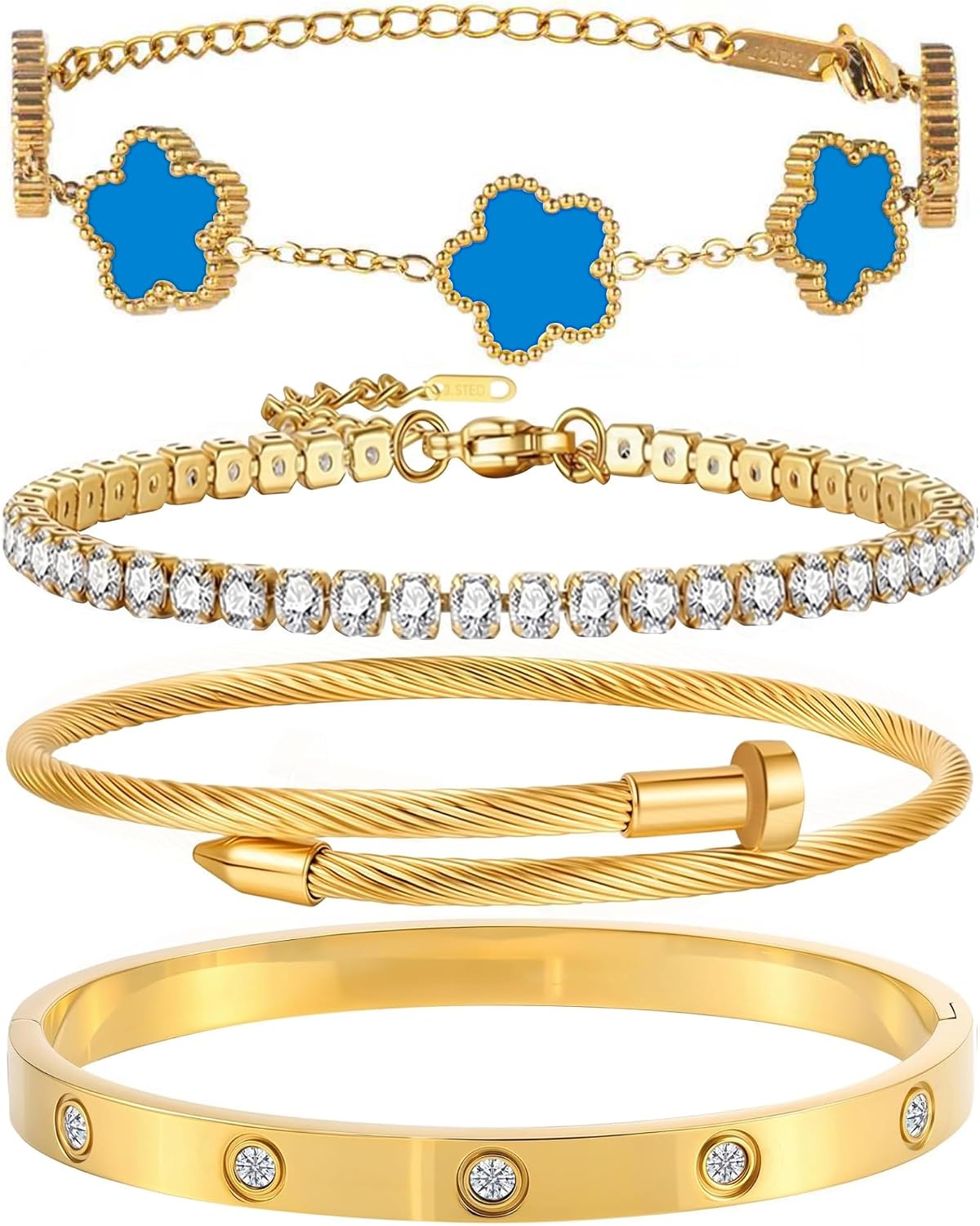 18K Gold Plated Bangle Bracelet Set for Women Stackable Lucky Floral Adjustable Tennis Bracelet Non Tarnish Gift Jewelry for Christmas Valentines Birthday Mother's Day