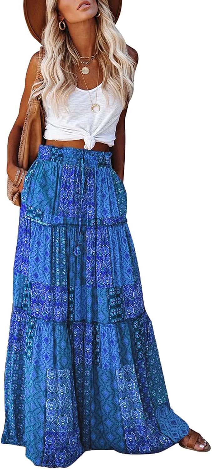 EARKOHA Womens Boho Maxi Skirt 2026 Summer Cruise Casual High Waist Tie Flowy Long Skirt with Pockets For Beach Vacation