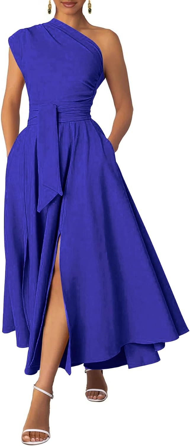 Ekaliy Women's One Shoulder Belted Maxi Dress Formal Wedding Guest Dress