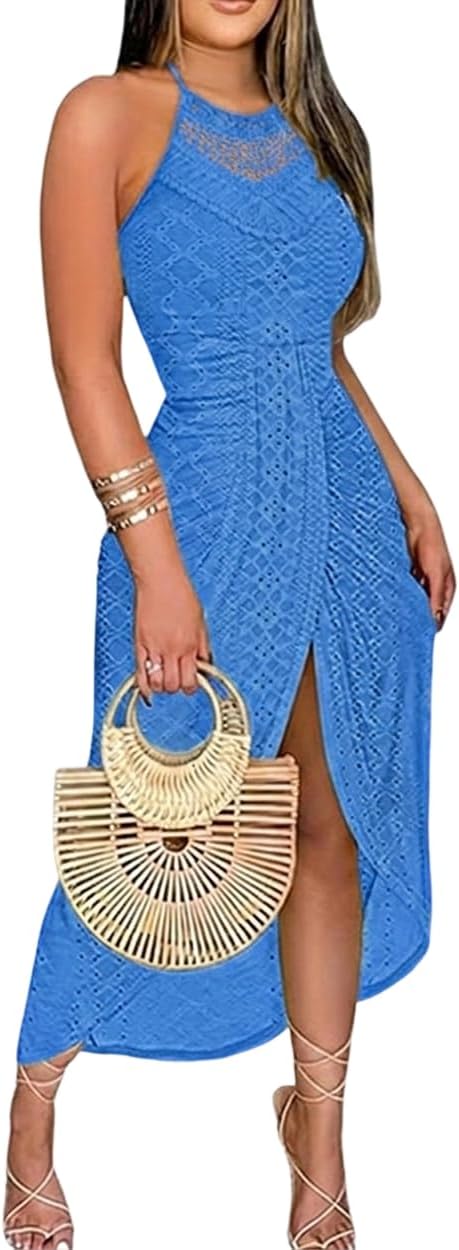 CHICME Womens Summer Halter Dress Hollow Out A Line Vacation Dress