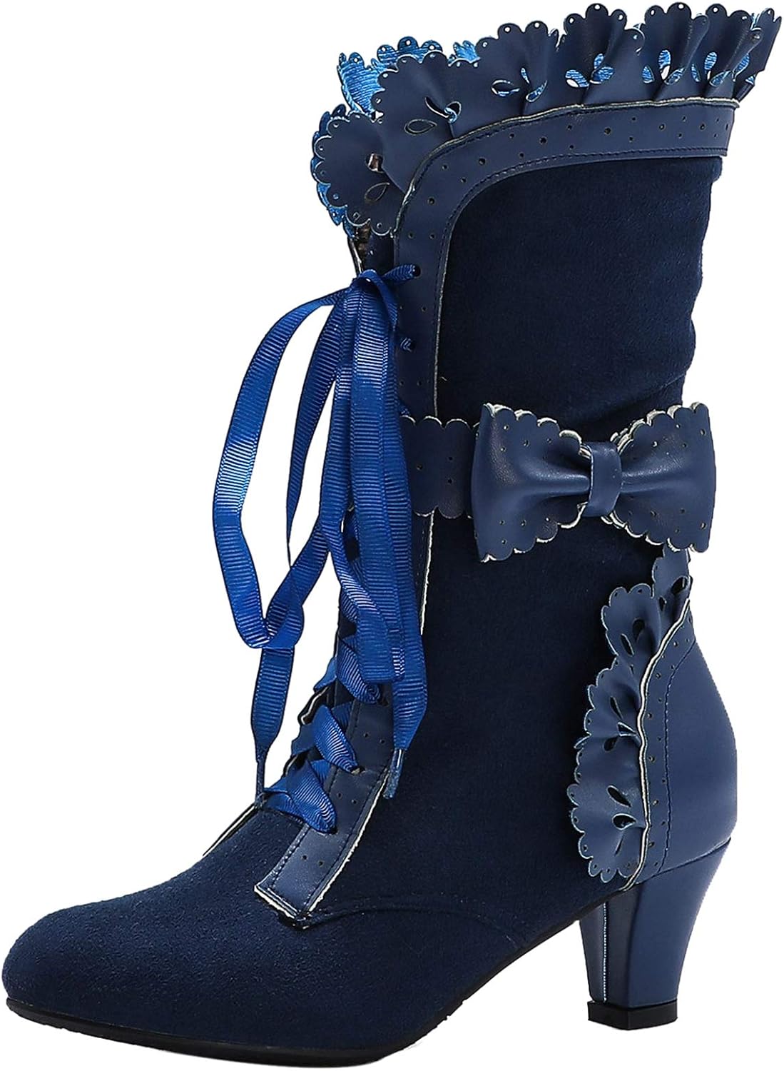 LanreyTaley Women Sweet Bow Boots Mid Heels Lace Up Victorian boots Mid Calf Kawaii Boot