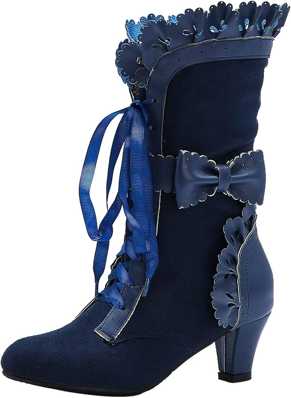 LanreyTaley Women Sweet Bow Boots Mid Heels Lace Up Victorian boots Mid Calf Kawaii Boot