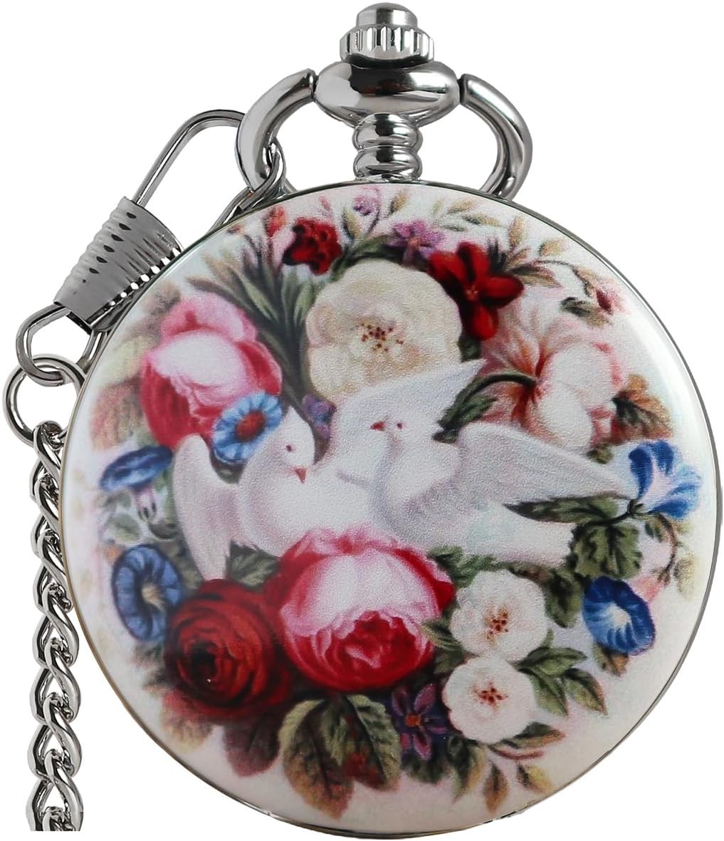 Vintage Floral Bird Manual Mechanical Pocket Watch for Men & Women - E