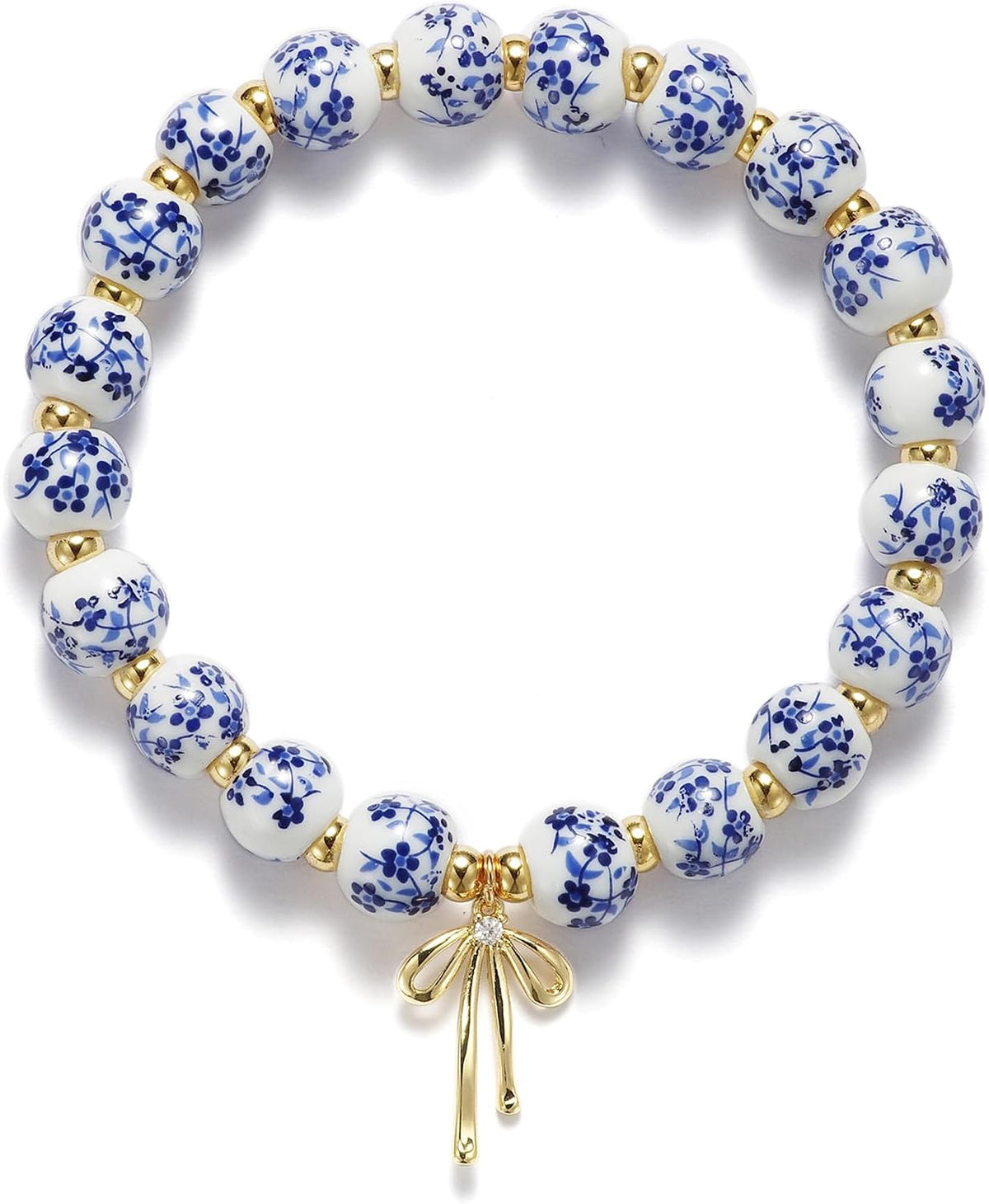 Beaded Bracelets for Women,Bow Charm Blue Flower Gold Plated Jewelry Women