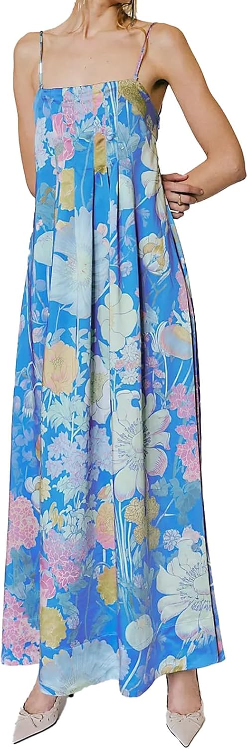 ABYOVRT Women Boho Floral Maxi Dress Backless Spaghetti Strap A-Line Flowy Summer Vacation Long Dress