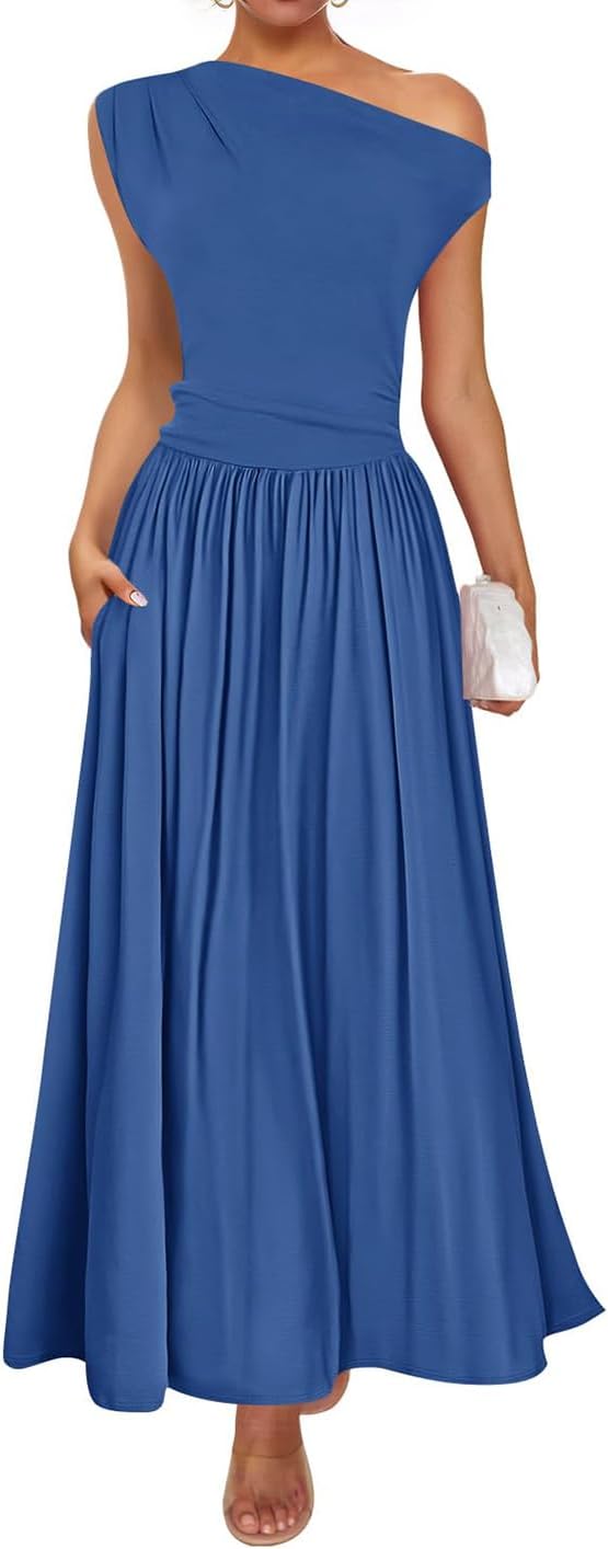 ZESICA Womens Sleeveless One Shoulder Maxi Dress with Pockets
