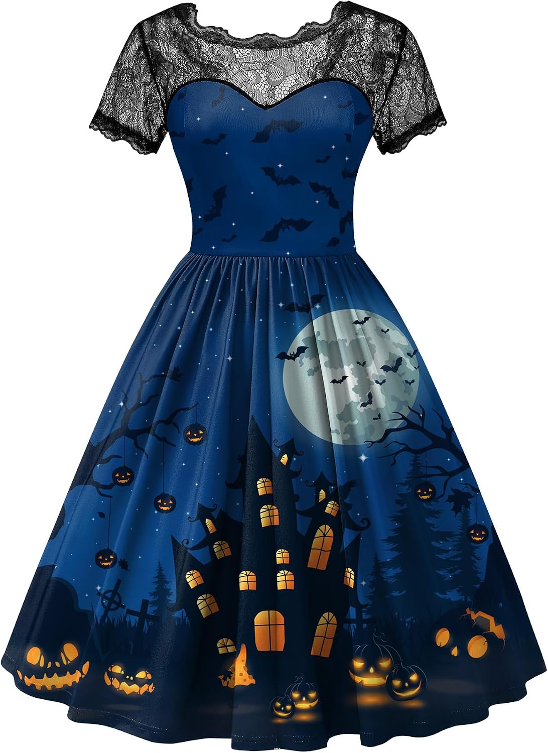 Women Halloween Party Costume Vintage Swing Lace Short Sleeve Witch Dress