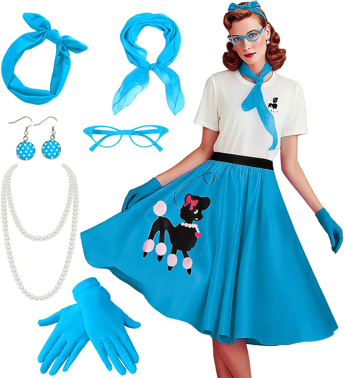 1950s Poodle Skirt Costume 8Pcs Vintage Sock Hop Outfit with T-Shirt, Scarf for Halloween, Retro Parties, Cosplay