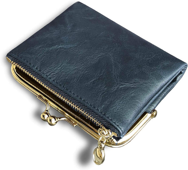 Womens Small RFID Compact Bifold Wallet — Vintage Kiss-Lock Coin Purse