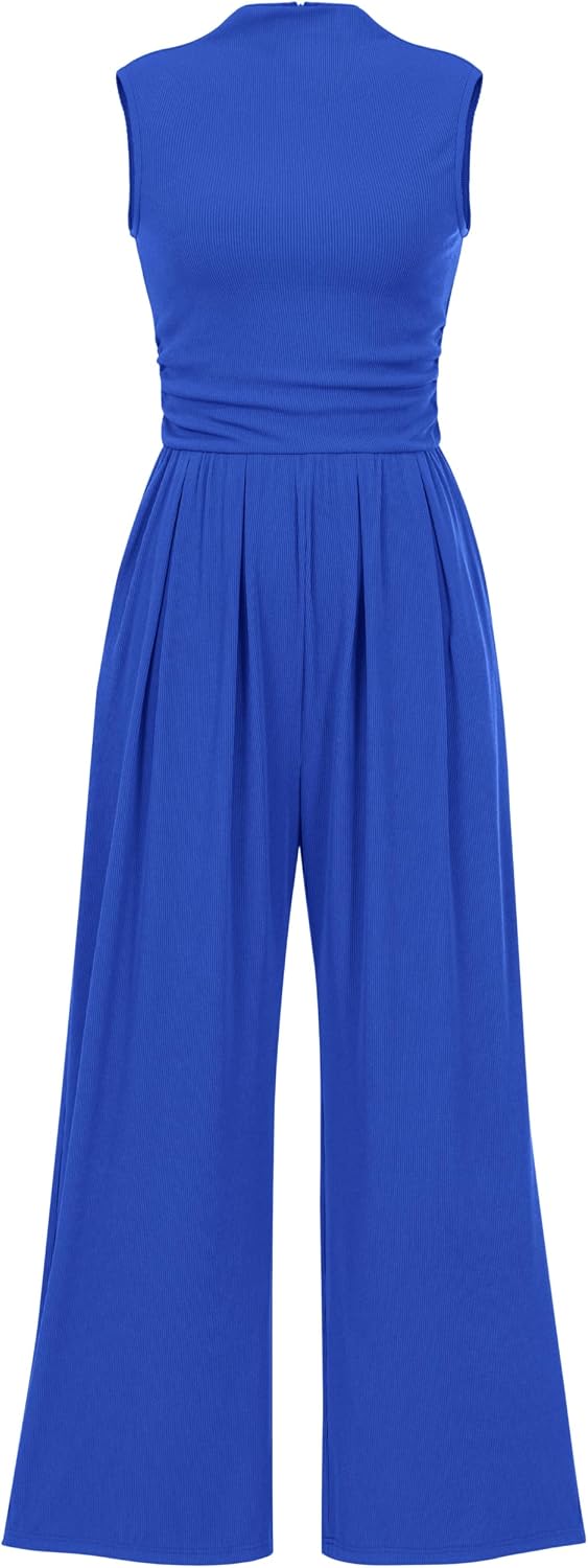 PRETTYGARDEN Women's Summer Dressy Casual Jumpsuits | Cozy Ribbed Fabric, Sleeveless Mock Neck, Back Zipper, Pockets, Wide Leg Pants Rompers, Fashion Clothing, One Piece Outfits