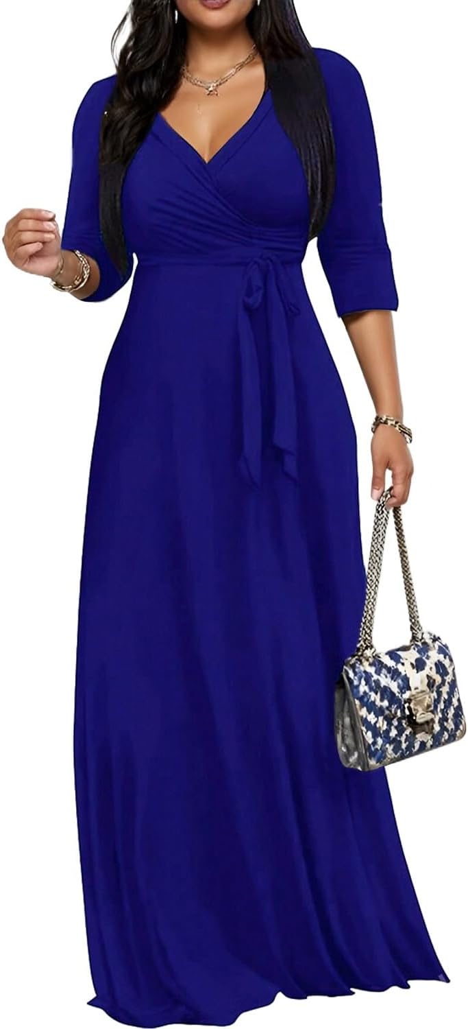 CaniBtr Maxi Dresses for Women Plus Size 3/4 Sleeve Long Dress with Belt