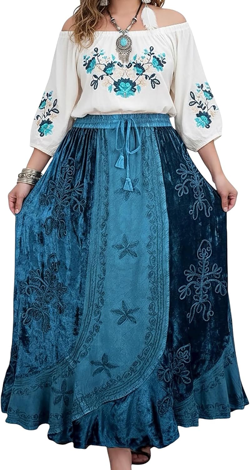 Agan Summer Long Skirts for Women, Boho Embroidered Rayon Velvet Maxi Skirt