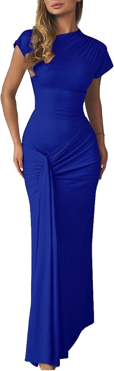 Mojessy Women Bodycon Maxi Dress Sexy Mock Neck Lace Up Bandage Ruched Short Sleeve Long Dress Cocktail Dress Secondary image
