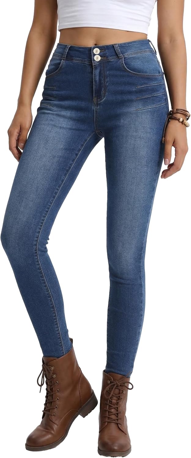 Women's Skinny Jeans High Waisted Stretch Blue Wash, Double Button