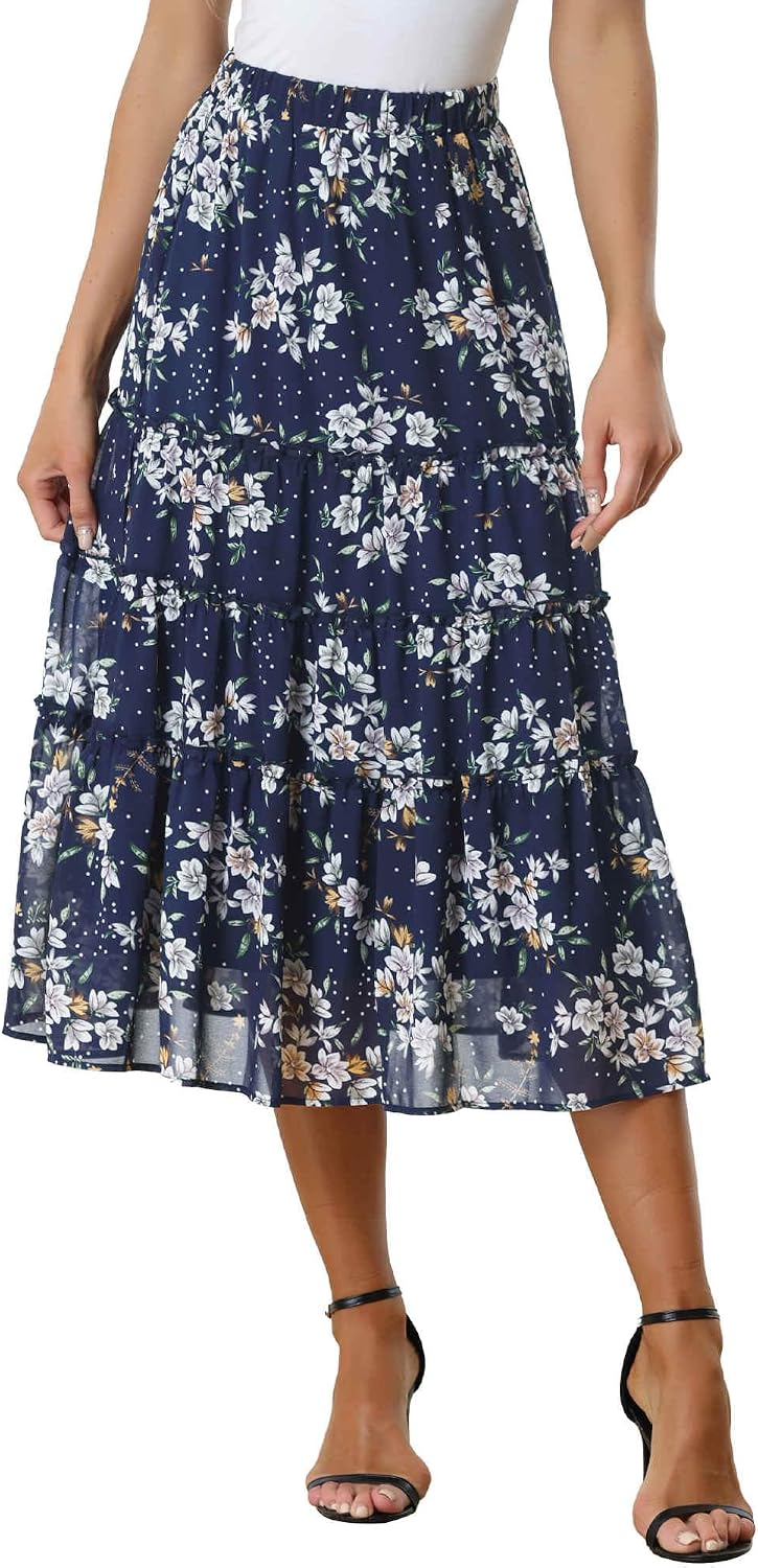Allegra K Women's Floral Skirt Chiffon A-line Long Tiered Ruffle Maxi Skirt