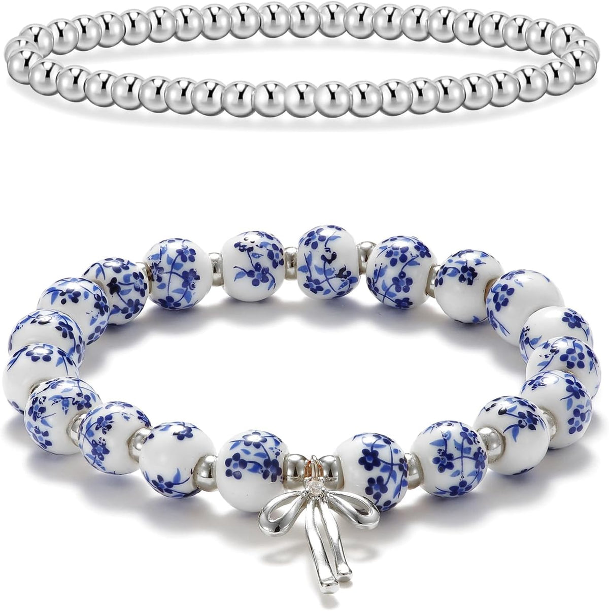 Beaded Bracelets for Women,Bow Charm Blue Flower Gold Plated Jewelry Women
