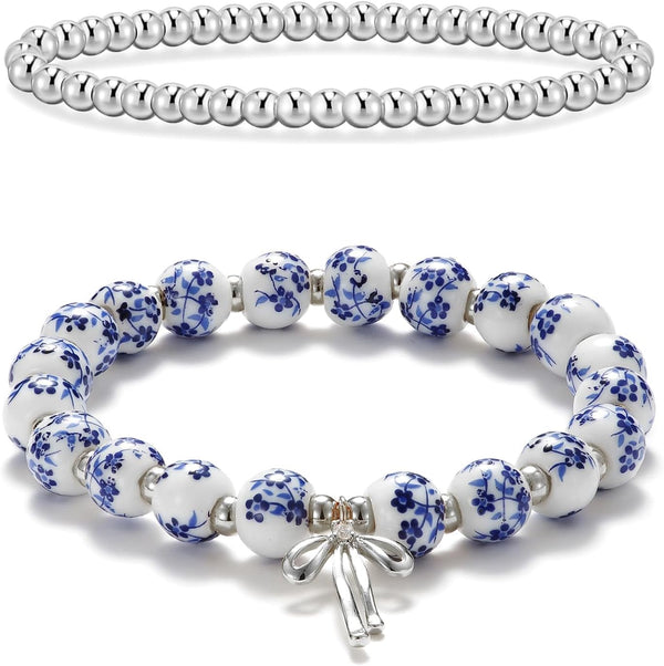 Beaded Bracelets for Women,Bow Charm Blue Flower Gold Plated Jewelry Women