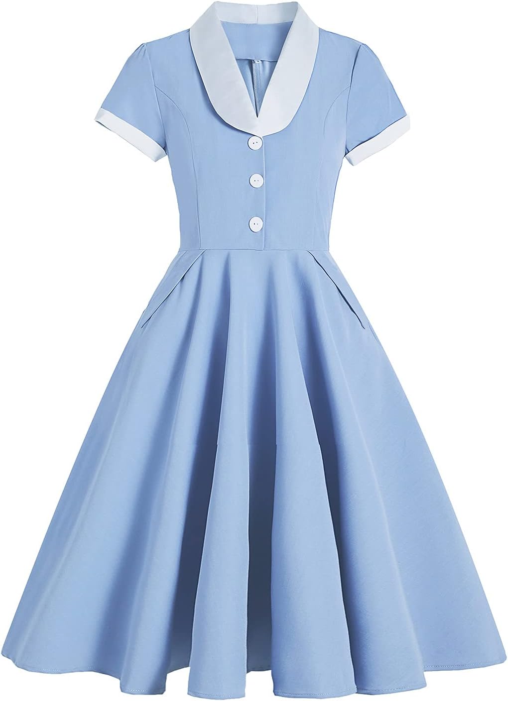 Women 1950s Vintage Short Sleeve Peter Pan Collar Retro Swing A Line Midi Summer Dress Cocktail Party Evening Prom Gown