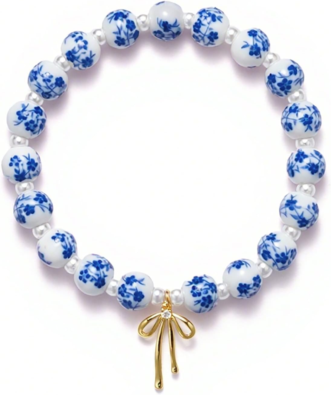 Beaded Bracelets for Women,Bow Charm Blue Flower Gold Plated Jewelry Women