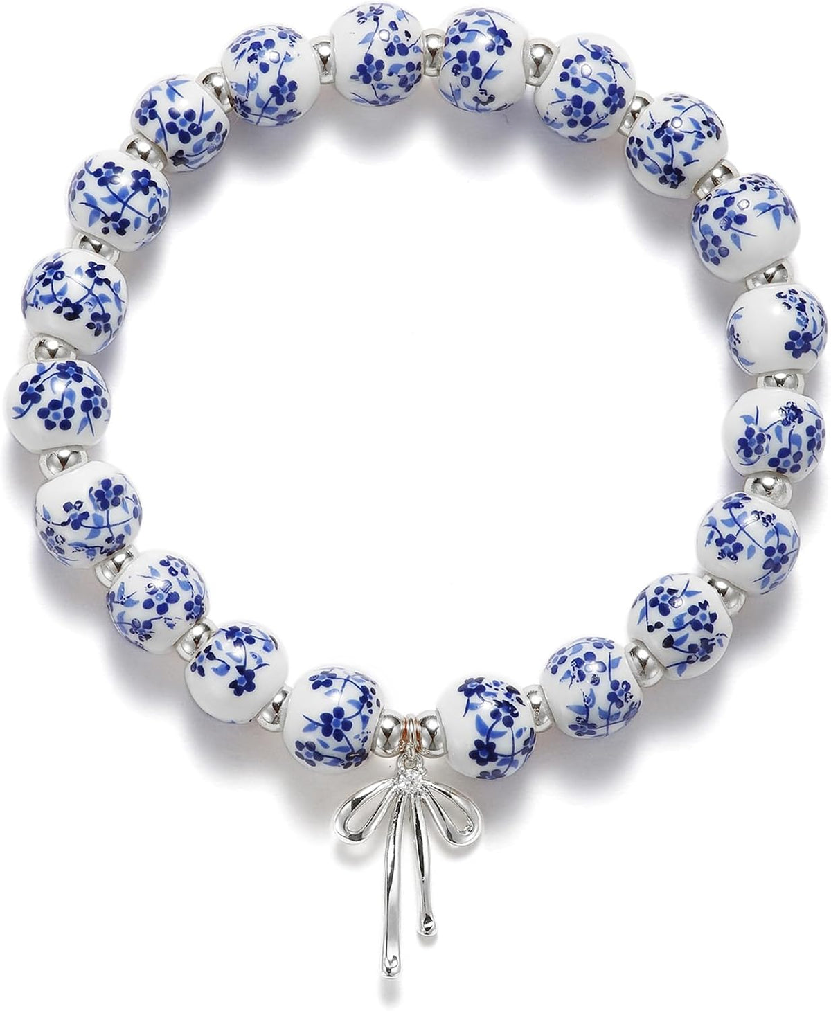 Beaded Bracelets for Women,Bow Charm Blue Flower Gold Plated Jewelry Women