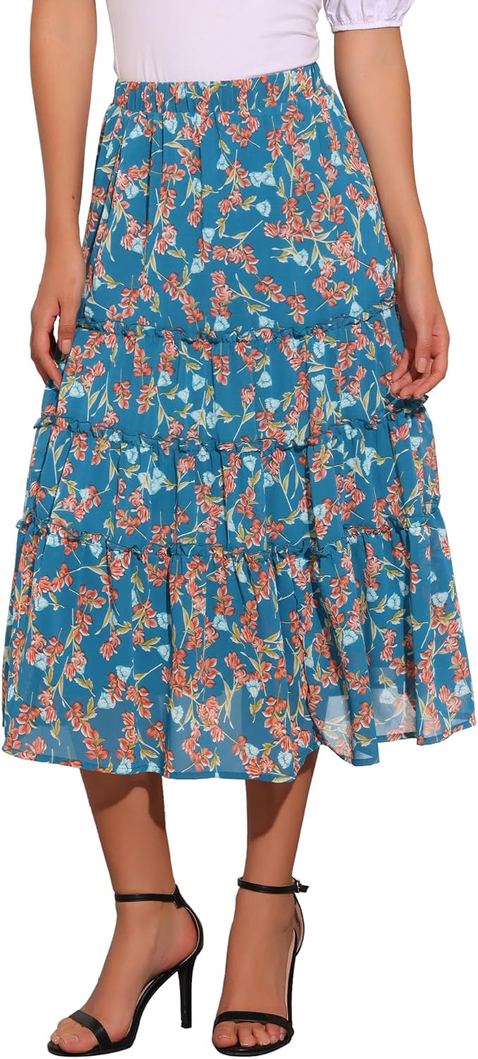 Allegra K Women's Floral Skirt Chiffon A-line Long Tiered Ruffle Maxi Skirt