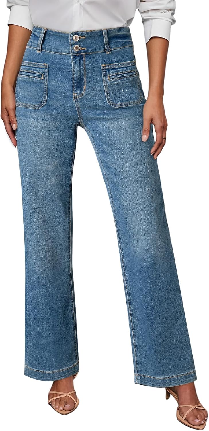 Sidefeel Women's Wide Leg Jeans High Waisted Tummy Control Stretchy