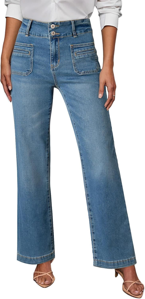 Sidefeel Women's Wide Leg Jeans High Waisted Tummy Control Stretchy