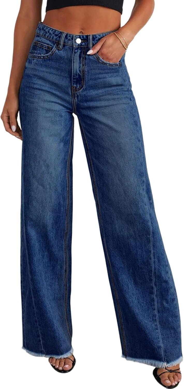 Sidefeel Women's Wide Leg Jeans High Waisted Stretchy Raw Hem