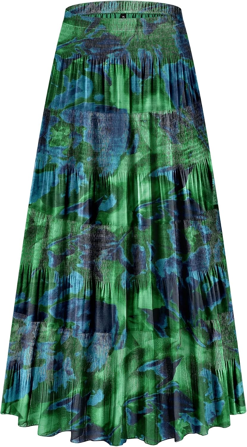 CYiNu Women's Chiffon Elastic High Waist Tiered Pleated Floral Printed A-Line Boho Long Maxi Skirts