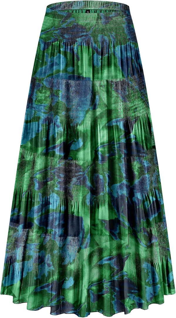 CYiNu Women's Chiffon Elastic High Waist Tiered Pleated Floral Printed A-Line Boho Long Maxi Skirts
