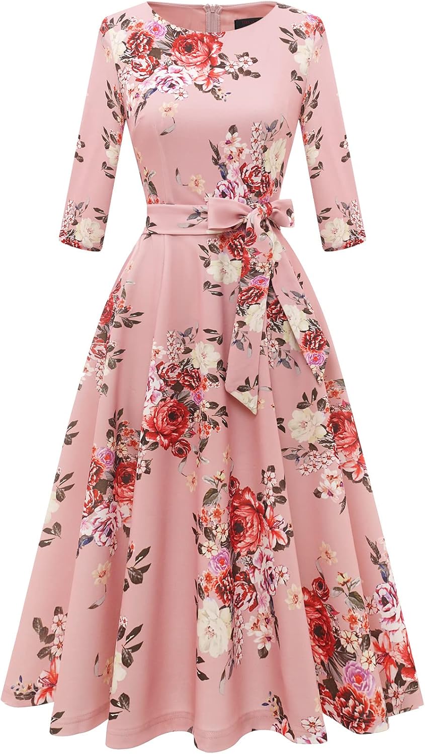 DRESSTELLS Cocktail Dresses for Women, Vintage Wedding Guest 3/4 Sleeves Formal Church Tea Dress
