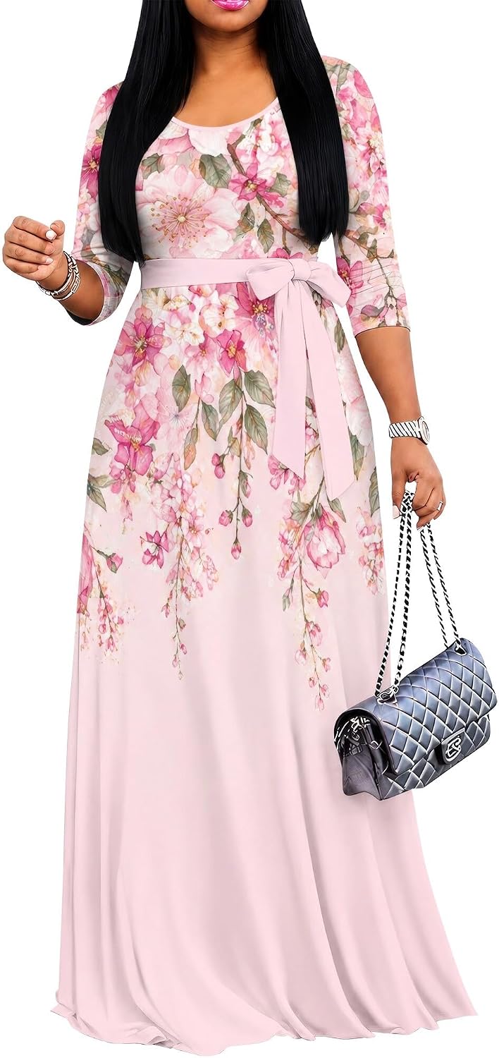 PinkPatty Women's Plus Size V Neck 3/4 Sleeve Boho Maxi Dress with Pockets