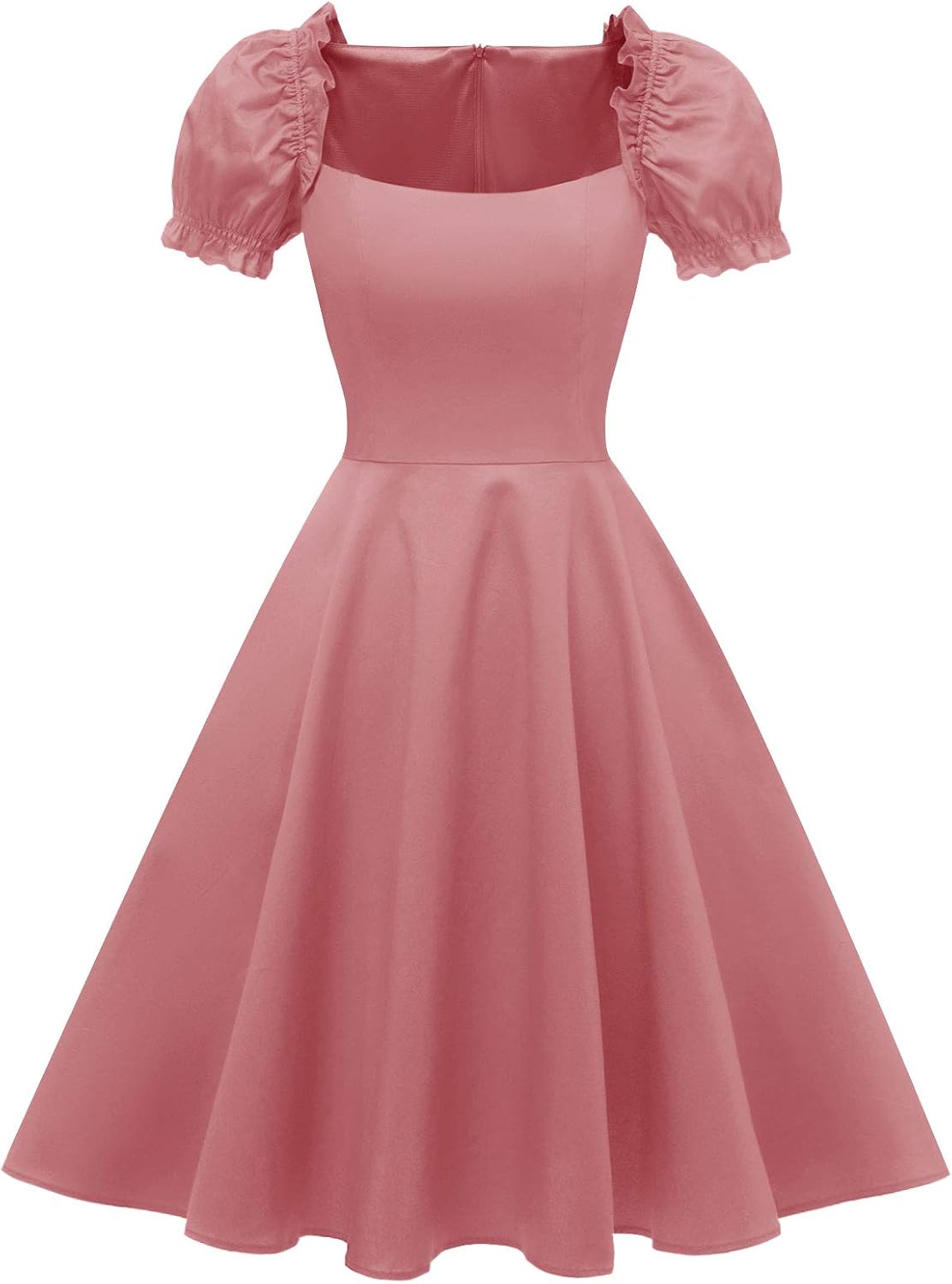 Women's Puff Short Sleeve 1950s Party Dresses Square Neck Aline Dress with Pockets