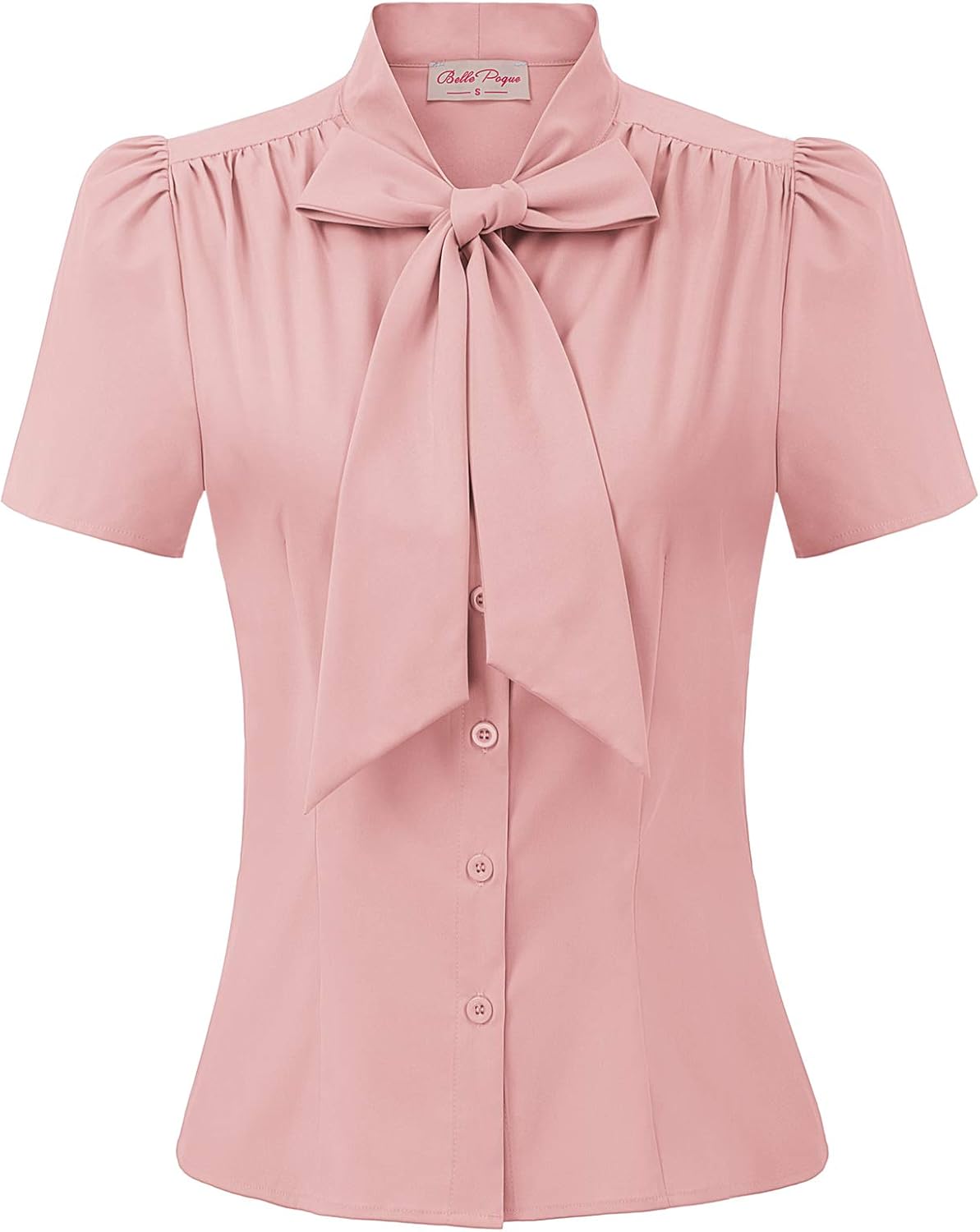 Belle Poque Women Dressy Casual Top Bow Tie Button Down Short Sleeve Blouse