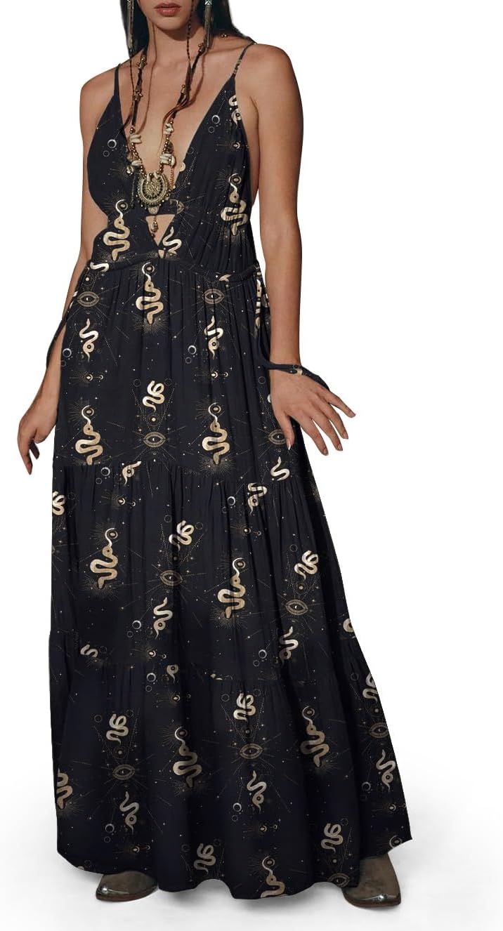 Womens Summer Sun Dresses Mystical Gothic Maxi Dress Casual Floral Witch Dress Date Dress Halloween Outfits