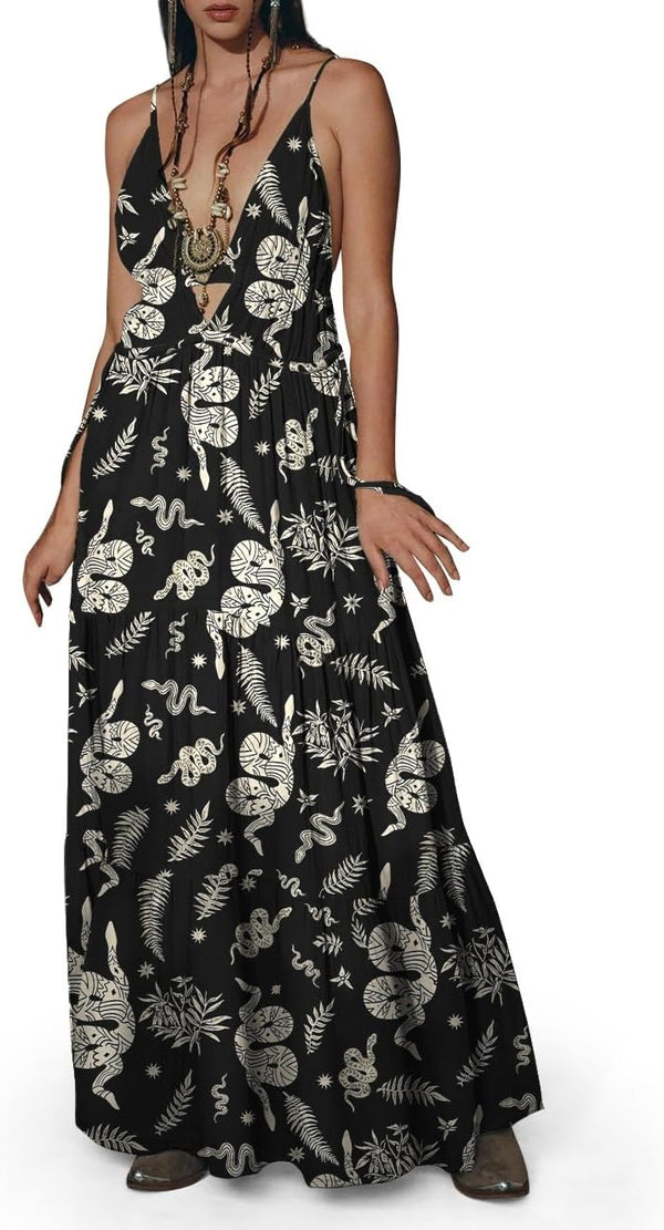 Womens Summer Sun Dresses Mystical Gothic Maxi Dress Casual Floral Witch Dress Date Dress Halloween Outfits