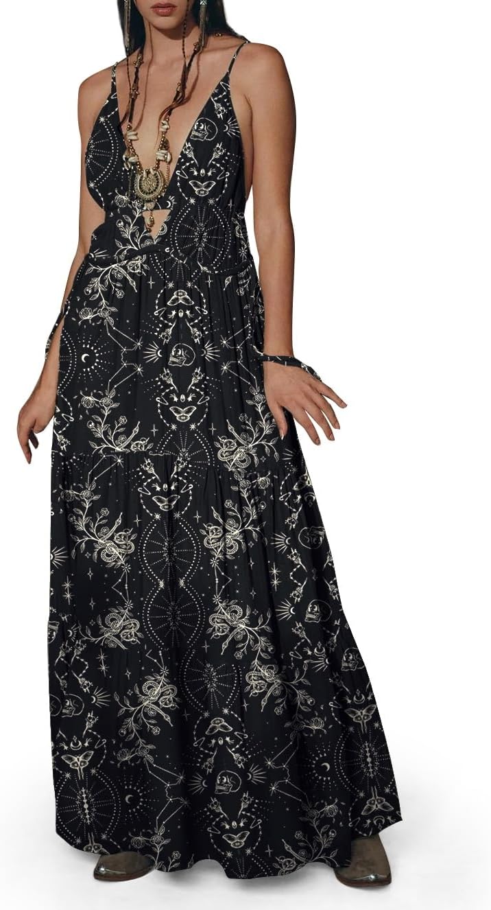 Womens Summer Sun Dresses Mystical Gothic Maxi Dress Casual Floral Witch Dress Date Dress Halloween Outfits