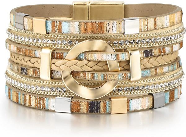 Edoneery Leather Wrap Bracelets for Women, Boho Layered Cuff Bangle