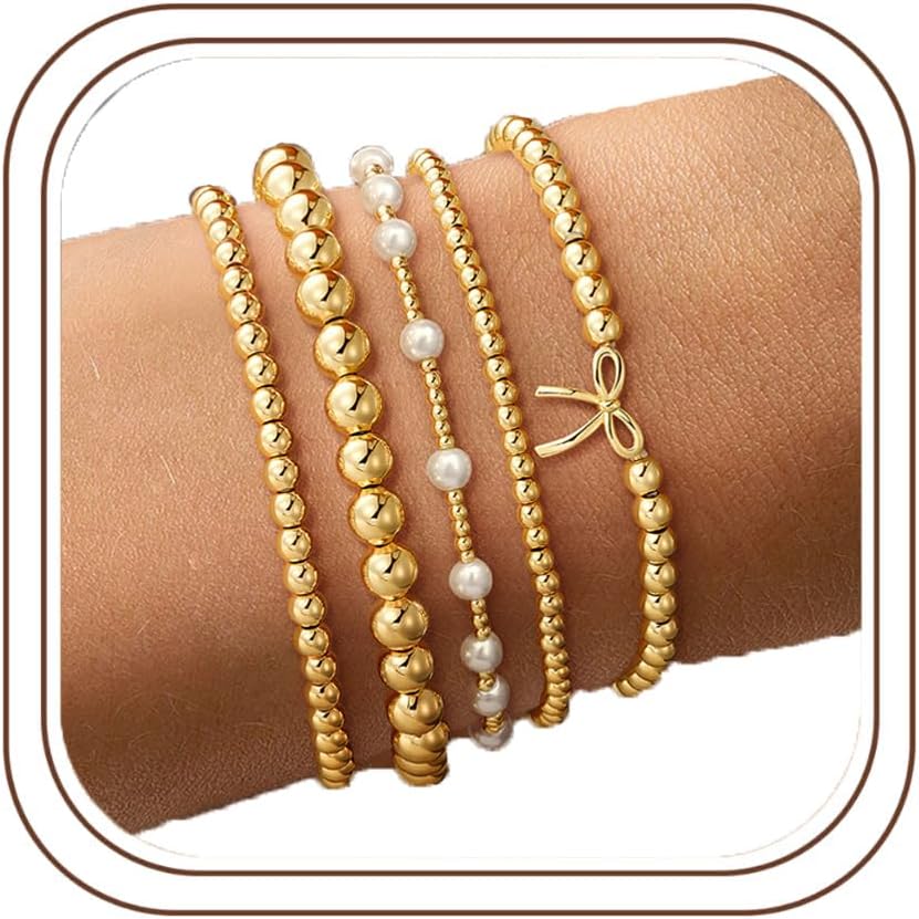 Yoosteel Gold Beaded Bracelets for Women Teen Girls, Gold Plated Jewelry