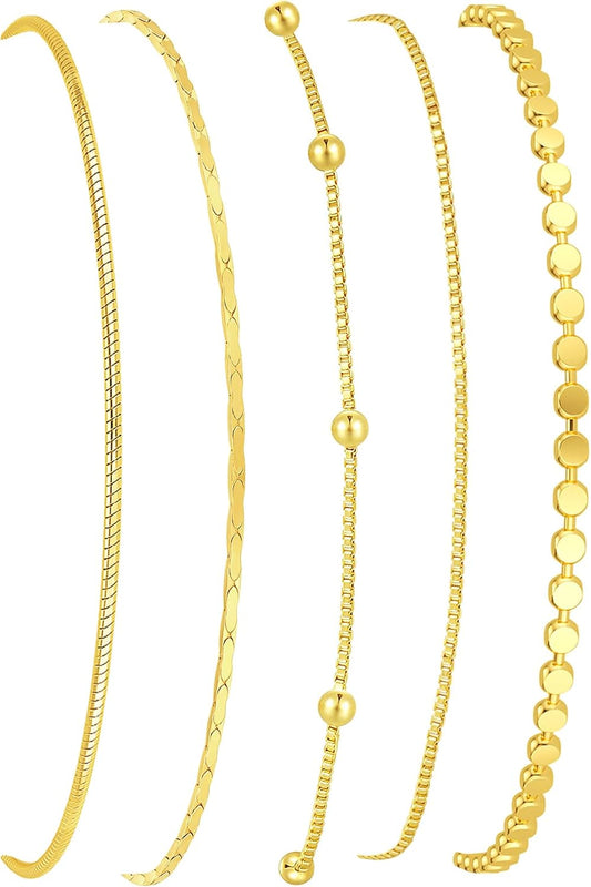 Gold Bracelets for Women, 14K Gold Plated Stackable Bracelet Stack Set Adjustable Charm Paperclip Chain Snake Link Layered Waterproof Jewelry Sets Gifts