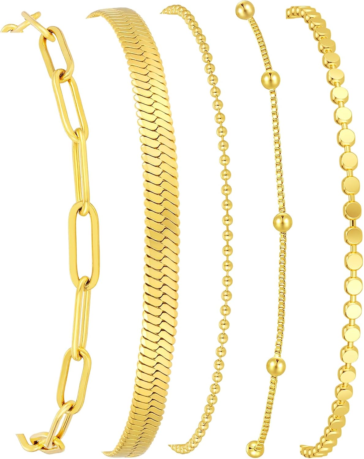 Gold Bracelets for Women, 14K Gold Plated Stackable Bracelet Stack Set Adjustable Charm Paperclip Chain Snake Link Layered Waterproof Jewelry Sets Gifts