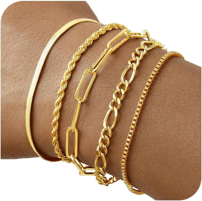 Gold Bracelets for Women, 14K Gold Plated Stackable Bracelet Stack Set Adjustable Charm Paperclip Chain Snake Link Layered Waterproof Jewelry Sets Gifts