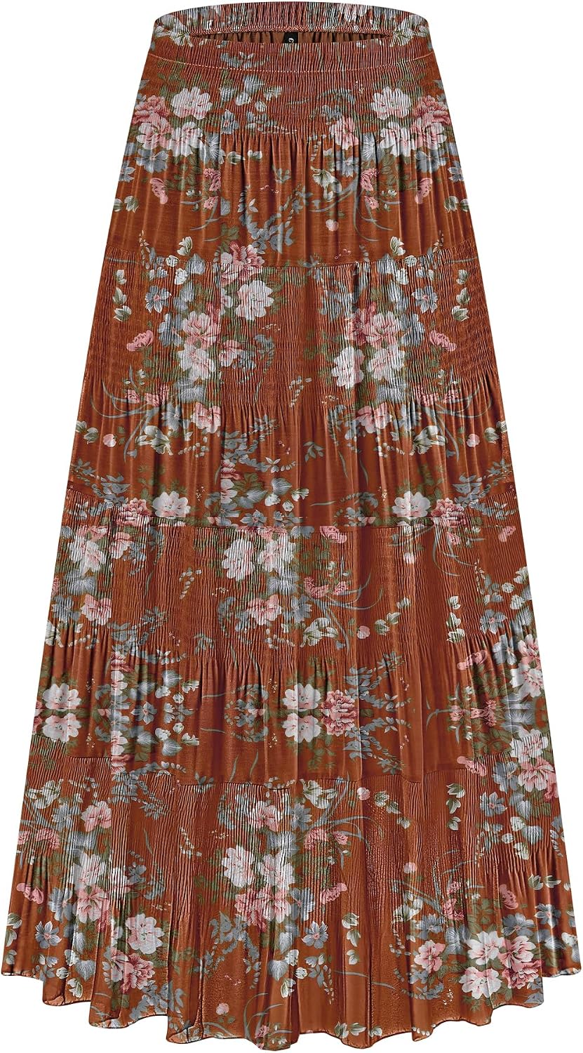 CYiNu Women's Chiffon Elastic High Waist Tiered Pleated Floral Printed A-Line Boho Long Maxi Skirts