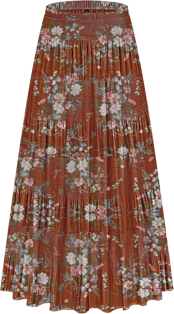 CYiNu Women's Chiffon Elastic High Waist Tiered Pleated Floral Printed A-Line Boho Long Maxi Skirts