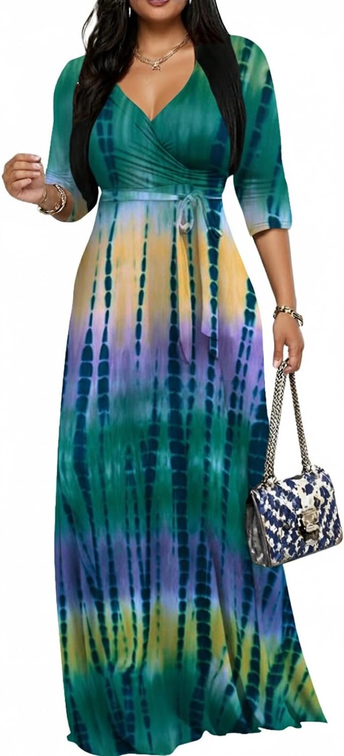 CaniBtr Maxi Dresses for Women Plus Size 3/4 Sleeve Long Dress with Belt